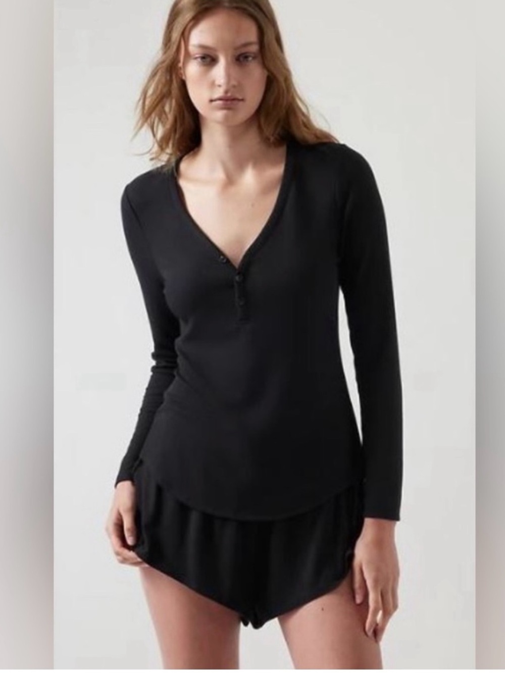 Athleta Black Long Sleeve V-Neck Henley Top